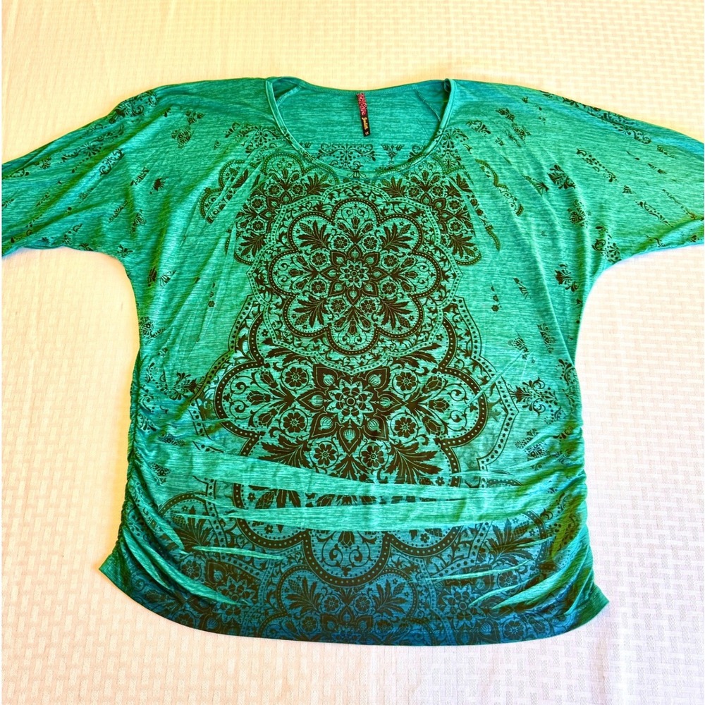 Judith Teal Mandala Boho Dolman Ruched Side Blouse Top 1X 11131X